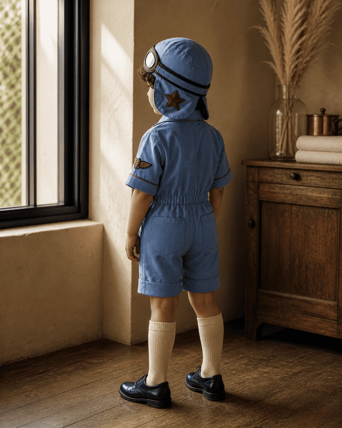 Criança em macacão aviador azul claro de costas com touca aviador · cena lifestyle interior atelier · luz dourada de janela · meias creme · sapato preto vintage · prova visual da peça em uso real para mãe que personaliza o tema do filho