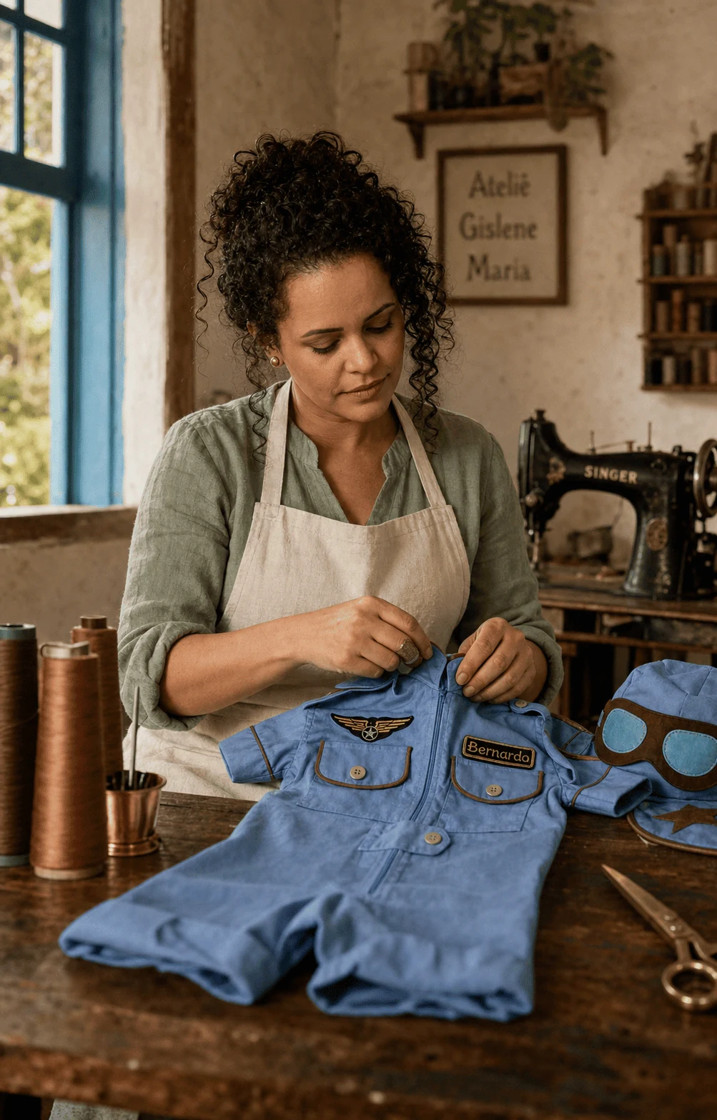 Gislene Maria na bancada · costurando macacão Aviador · linha cobre