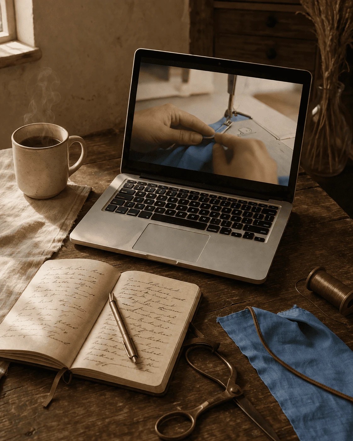 MacBook em bancada de ateliê mostrando Aula 1 - Curadoria de Tecidos do Projeto Aviador · logo Costuragi