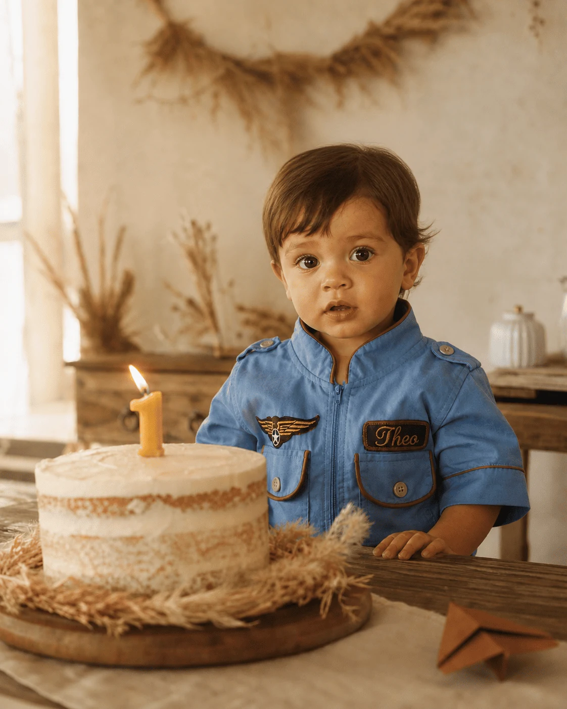 Aniversário 1 ano · bebê com Macacão Aviador azul claro + número 1 bordado · cubo cerimonial 1 ANO · balões cobre · Costuragi