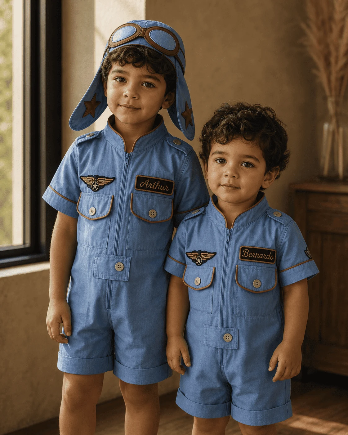 Duas crianças em macacão aviador azul claro · ambas com nome bordado pessoal no peito · interior atelier vintage · luz natural editorial Pinterest