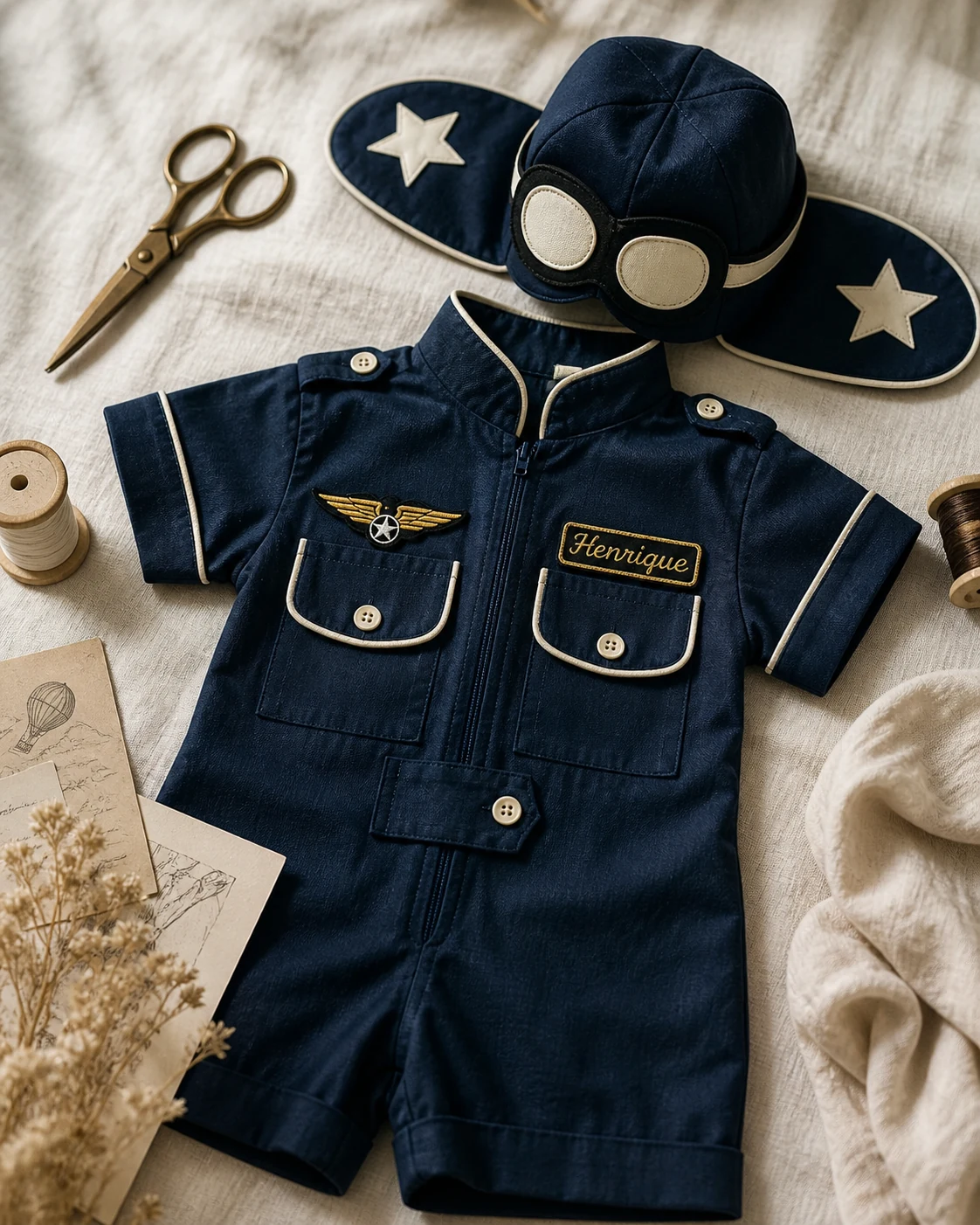 Macacão Aviador curto em navy esquadrão profundo · vivo creme marfim · touca aviador navy com lentes creme · asa cobre + nameplate bordado · setting cream linen com spools e tesoura cobre · flat-lay editorial Pinterest