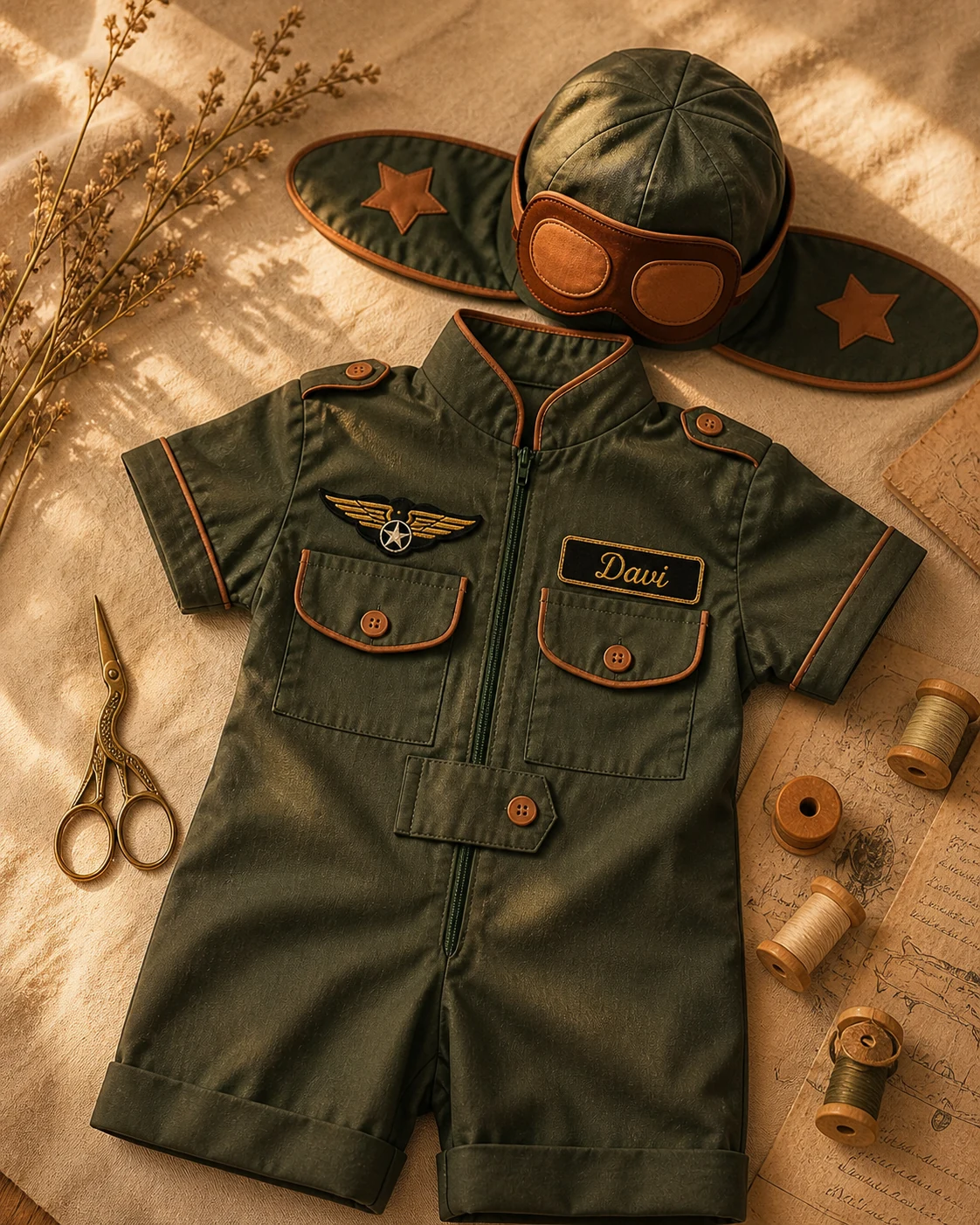 Macacão Aviador curto em verde-oliva militar · vivo cobre caramelo · touca aviador oliva com lentes cobre · asa cobre + nameplate Davi · setting golden hour com spools cobre e dried botanical · flat-lay editorial vintage warbird