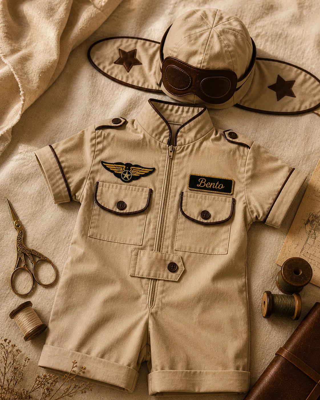 Macacão Aviador curto em cáqui areia vintage · vivo marrom chocolate · touca aviador cáqui com lentes marrom · asa cobre + nameplate Bento · setting WWII pilot mood com couro e leather notebook · flat-lay editorial Top Gun vintage
