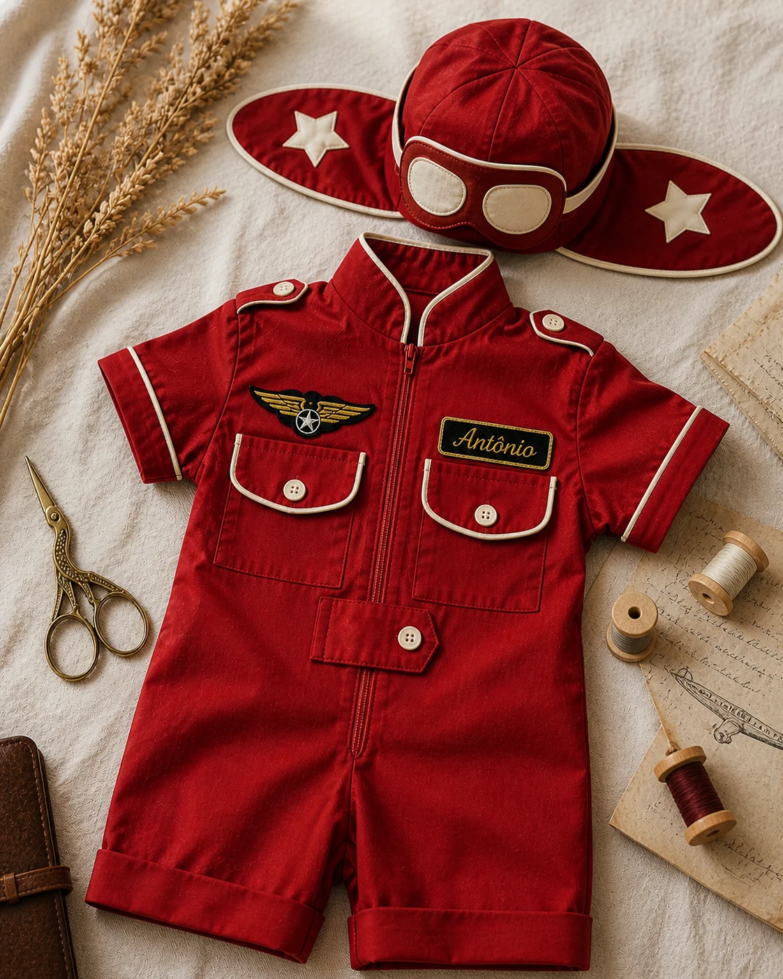Macacão Aviador curto em vermelho cardeal cerimonial · vivo marfim off-white · touca aviador cardeal com lentes marfim · asa cobre + nameplate Antônio · setting com pampas grass e spools cobre · flat-lay editorial holiday family album