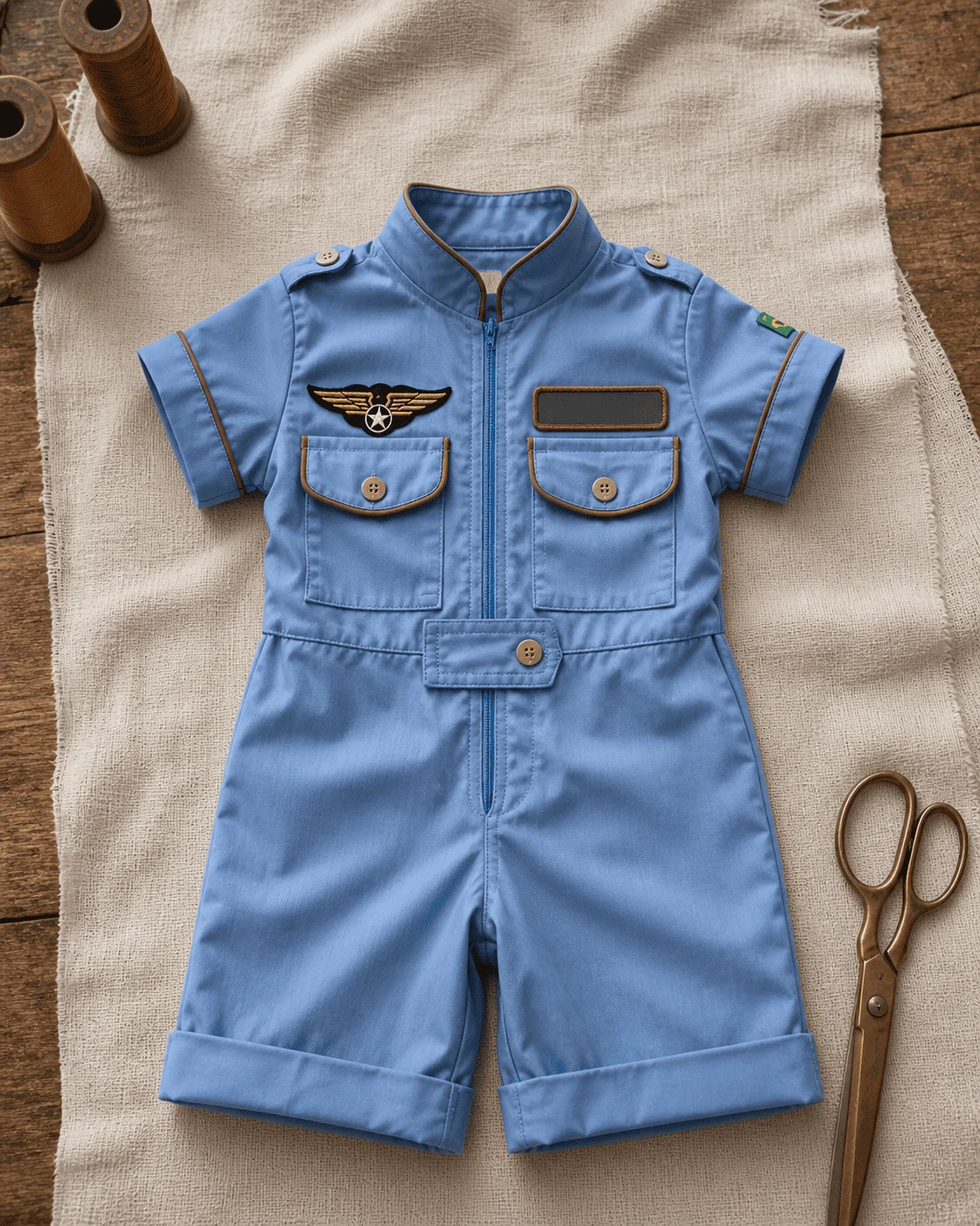 Macacão Aviador curto isolado em tricoline azul claro · vivo cobre na gola padre, manga, bolsos e lapela do ombro · patches de asas e nome Bernardo aplicados no peito · botões cor do vivo · flat lay sobre tecido creme amassado