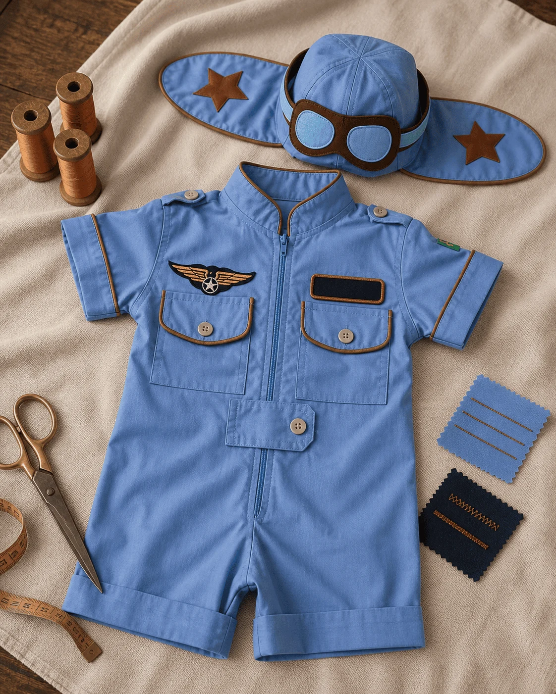 Macacão Aviador completo flat-lay editorial · peça azul claro com vivo cobre · touca aviador com óculos · swatches de tecido das paletas alternativas (Navy Esquadrão · Verde Militar · Cáqui Areia · Vermelho Cardeal) · brass scissors · fita métrica · prova das 4 cores possíveis no mesmo molde