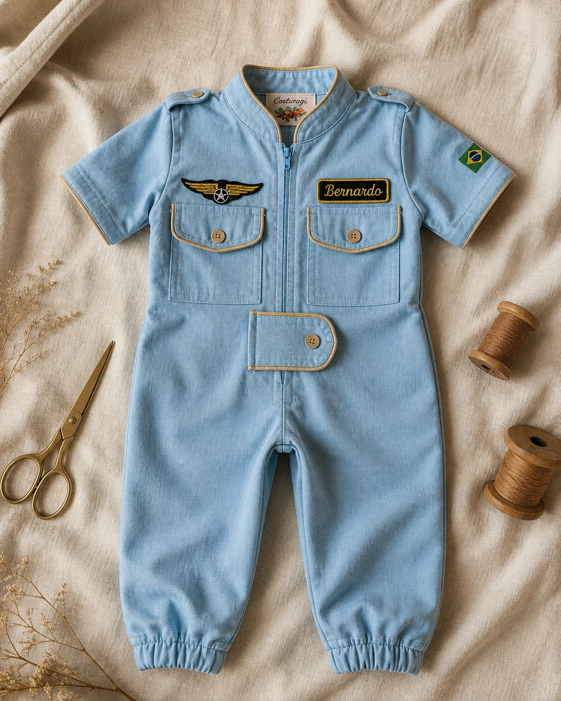 Macacão Aviador LONGO master · peça única em tricoline azul claro · vivo cobre nas cinco frentes · etiqueta interna Costuragi visível · gola padre arredondada com zíper · asa cobre bordada peito esquerdo · nameplate Bernardo canon · bandeira Brasil bordada manga direita · perna longa com punho elástico na barra · flat-lay editorial Pinterest