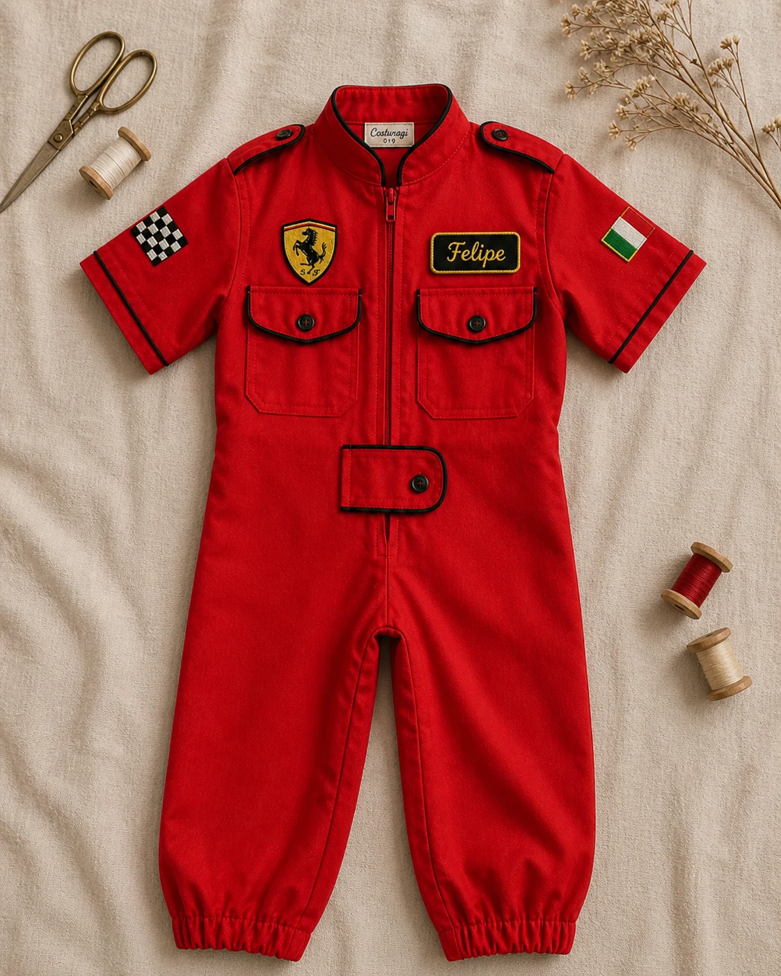 Macacão Aviador longo em rosso corsa Ferrari · vivo preto nas cinco frentes · Cavallino Rampante bordado no peito · nome Felipe bordado · bandeira xadrez e bandeira Itália nas mangas · perna longa com punho elástico · flat-lay editorial Pinterest