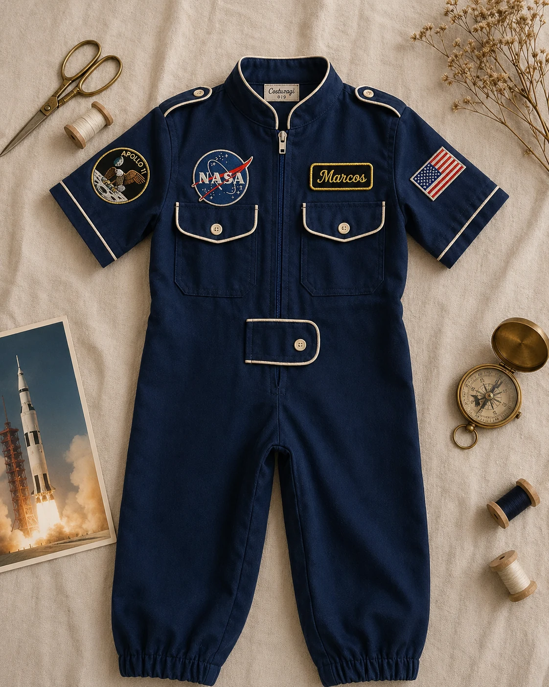 Macacão Aviador longo em navy NASA · vivo branco off-white · meatball NASA bordado · nome Marcos · Apollo 11 round patch + bandeira USA nas mangas · setting com compasso vintage e foguete print · flat-lay editorial