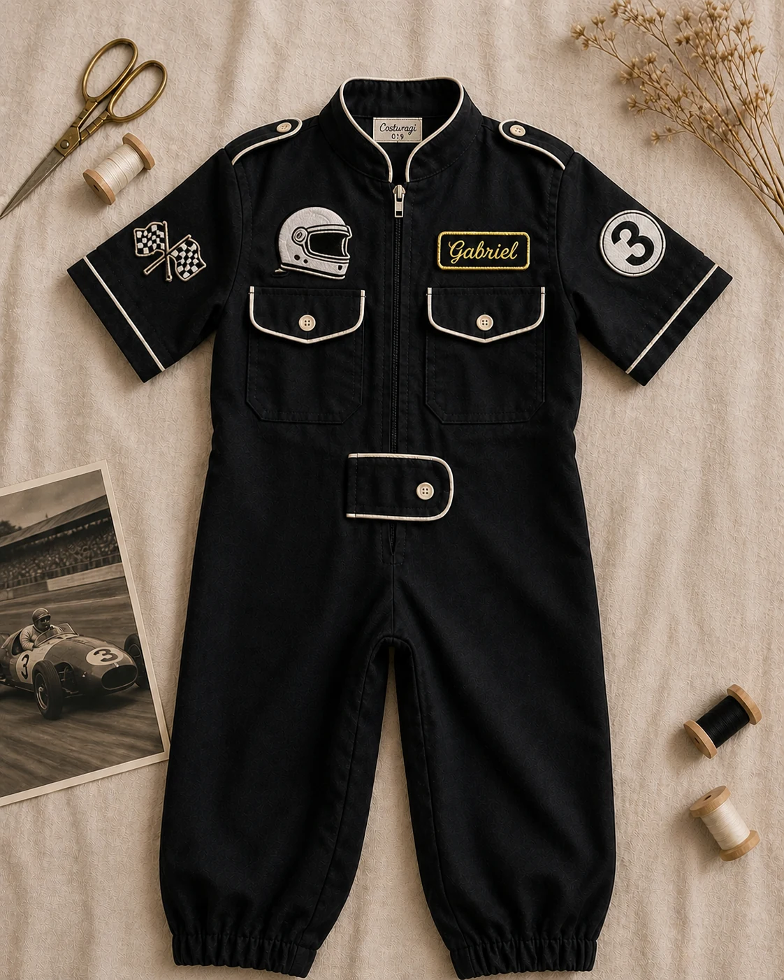 Macacão Aviador longo em charcoal preto · vivo branco · capacete piloto bordado · nome Gabriel · bandeira xadrez e número 3 nas mangas · foto vintage racing como mood ref · flat-lay editorial cinemático