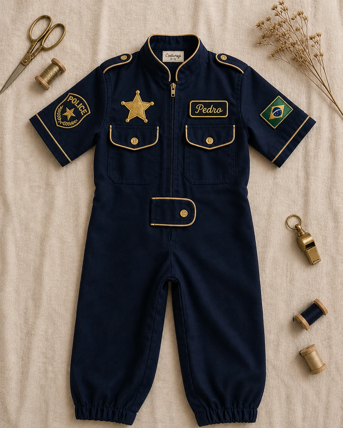 Macacão Aviador longo em navy marinho · vivo champagne gold · estrela xerife dourada bordada · nome Pedro · POLICE shield e bandeira Brasil dourada nas mangas · setting brass whistle · flat-lay editorial ceremonial