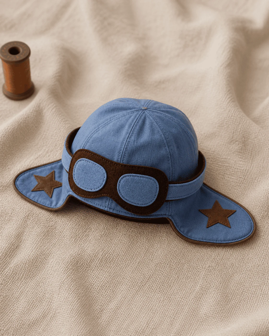 Touca aviador em tricoline azul claro com óculos em feltro de lente azul e contorno marrom · 2 estrelas marrom-cobre nas laterais · tapa-orelha estendido tipo asas