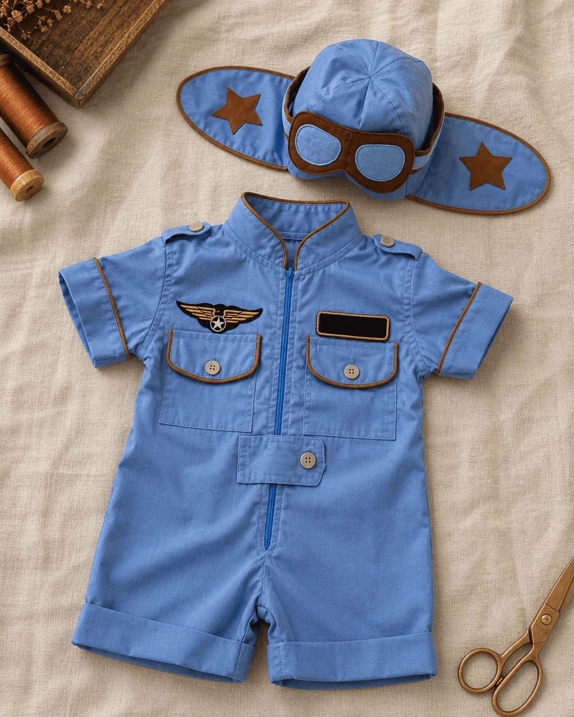 Macacão Aviador curto em tricoline azul claro com vivo cobre na gola padre · manga · bolsos · patches de asas, nome bordado e número de idade aplicados na frente · touca aviador ao lado com óculos de feltro contorno marrom e estrelas marrom-cobre nas laterais · flat lay editorial sobre tecido creme amassado