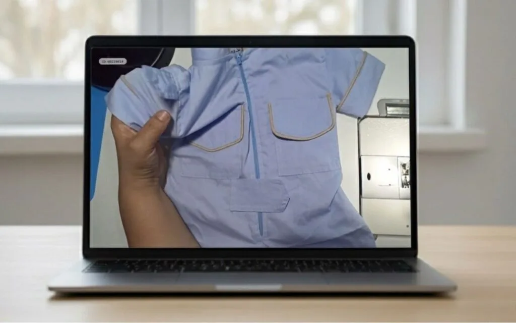 Notebook aberto mostrando aula de costura do Macacão Aviador sendo assistida