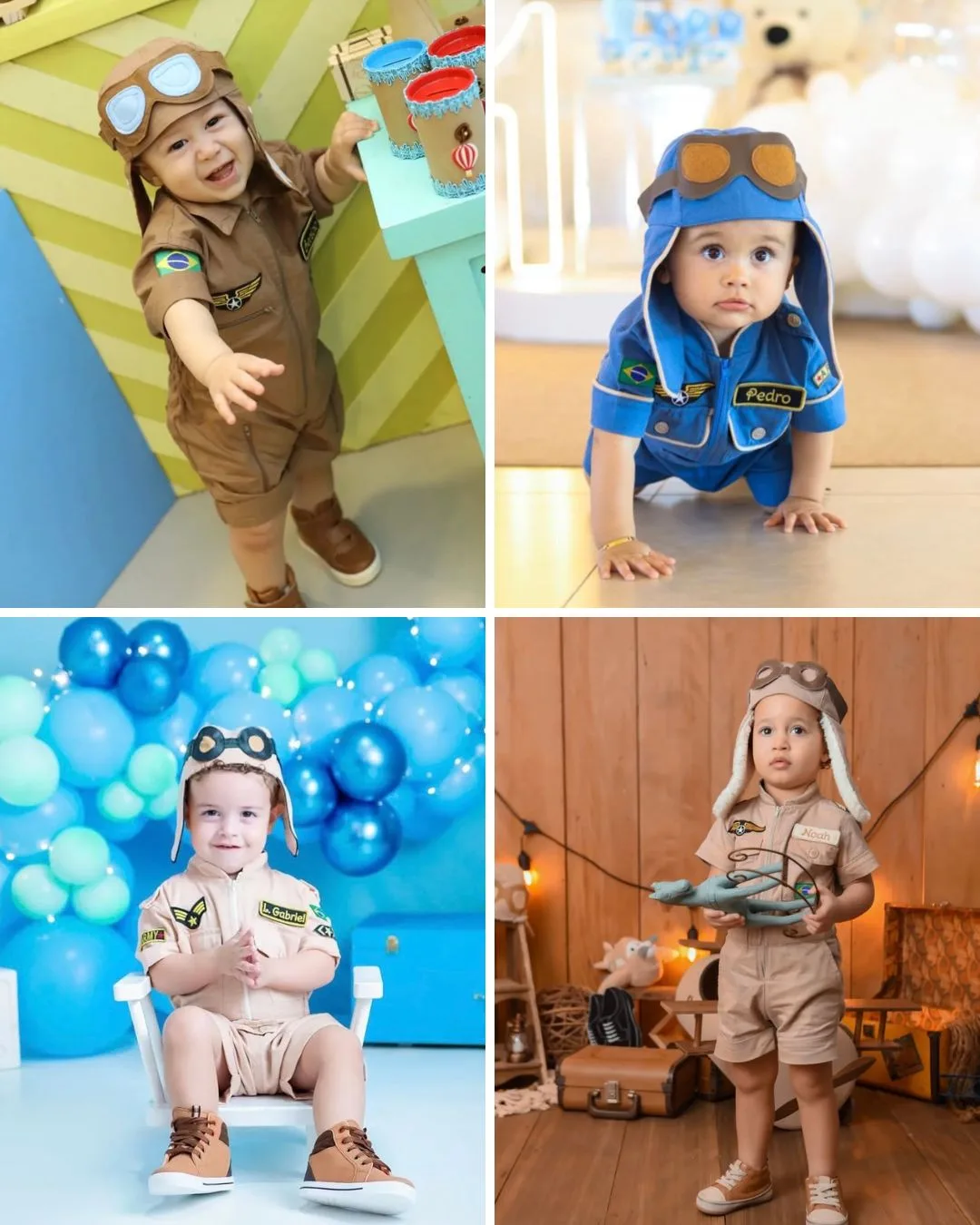 Quatro crianças reais vestindo Macacão Aviador em situações diferentes: retrato sorrindo, sentada em cadeira ao ar livre, gritando de alegria e brincando