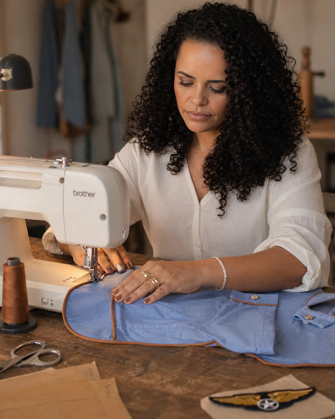 Gislene Maria costurando o Macacão Aviador em chambray azul na máquina Brother do ateliê · hands guiando o viés caramelo sob a agulha · carretel copper, tesoura vintage, patch alado dourado descansando na bancada · luz natural lateral · autoridade visual @ateliedagiinfantil