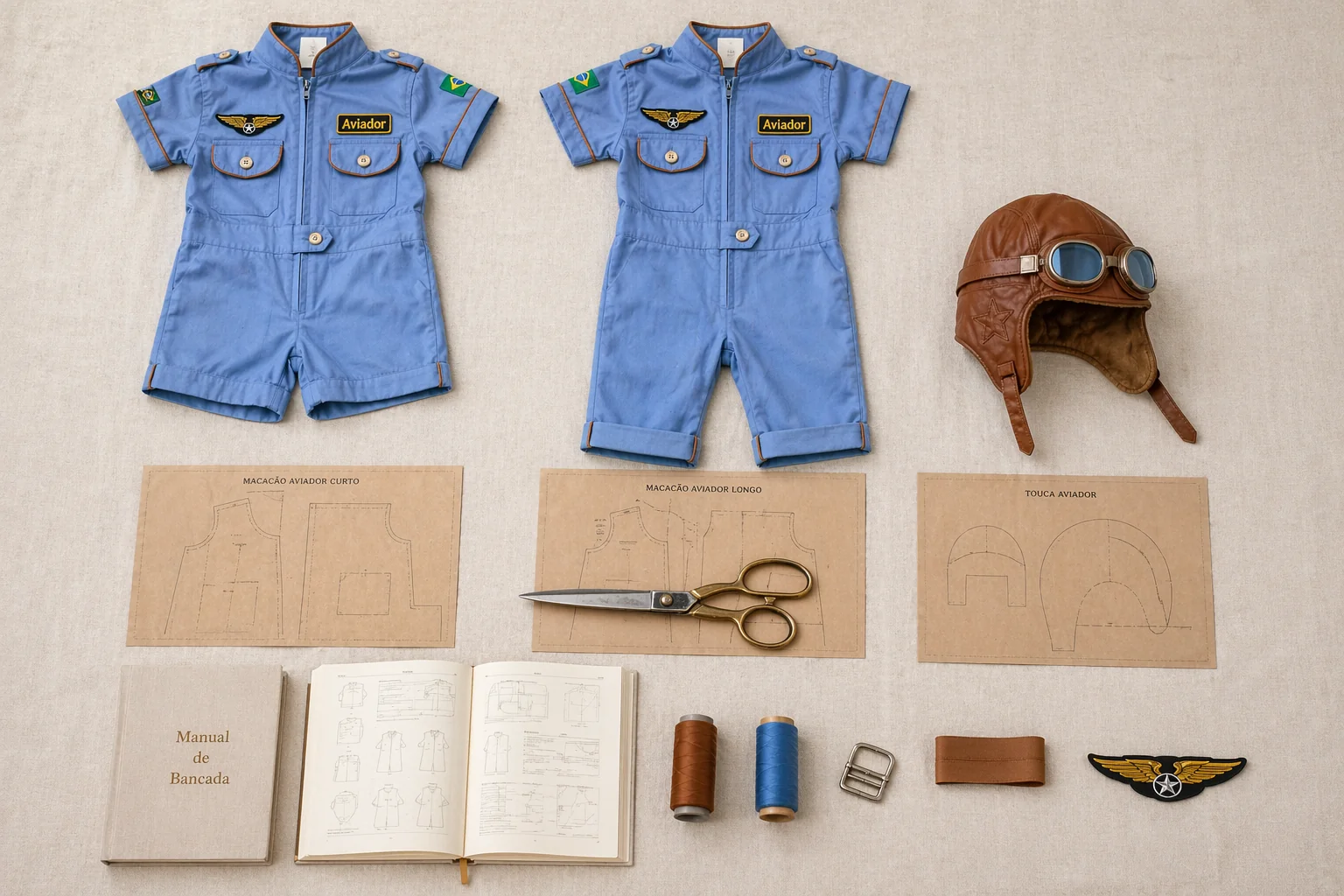 Flat-lay editorial do Projeto Macacão Aviador completo sobre fundo linho cru · macacão curto azul chambray + macacão longo azul chambray + touca de couro caramelo com óculos altos · 3 moldes impressos em kraft (Aviador Curto · Aviador Longo · Touca) · Manual de Bancada A5 aberto · carretéis copper + azul · fivela metálica 20mm · retalho de viés caramelo · patch alado dourado · tesoura vintage