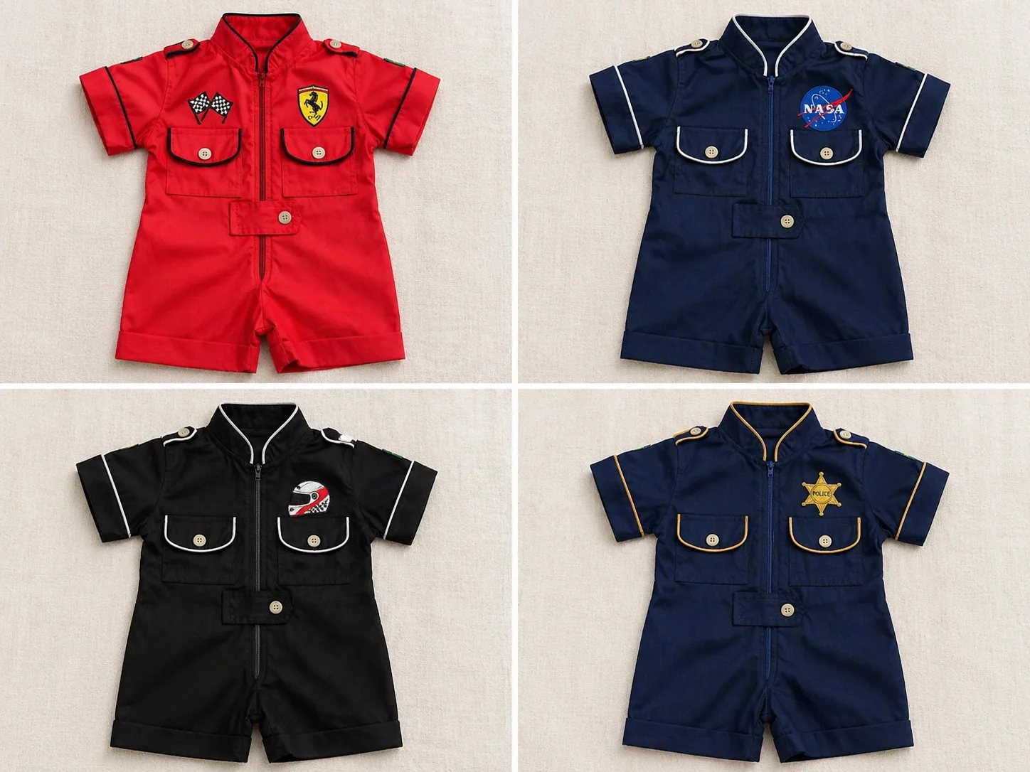 Grid 2x2 do mesmo Macacão Aviador em 4 temas diferentes — F1 Ferrari vermelho com vivo preto e cavalinho · NASA azul navy com vivo branco e logo meatball · piloto preto com vivo branco e capacete · polícia mirim azul marinho com vivo dourado e estrela de xerife — todos sem touca · patches frontais aplicados · mesmo molde nas quatro versões