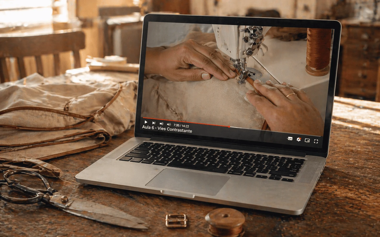 Notebook aberto mostrando a Aula 6 · Viés Contrastante do Projeto Macacão Aviador, com mãos costurando a borda na máquina — bancada de marcenaria ao redor com tesoura vintage, carretel, fivela metálica e retalho de sarja bege