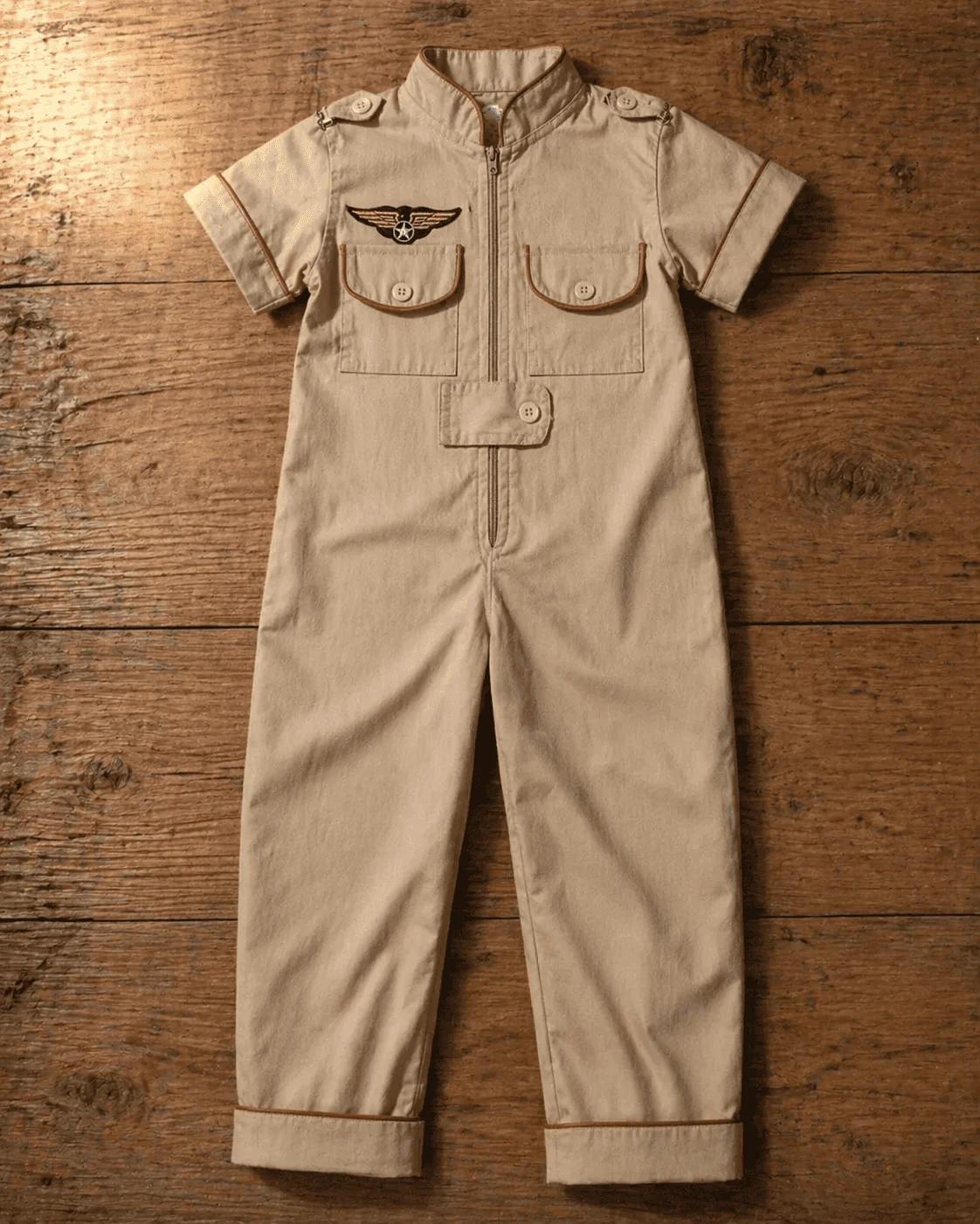 Macacão Aviador longo em sarja bege sobre mesa de madeira clara — bordado de asas douradas no peito, viés caramelo nos bolsos frontais, zíper central, barra dobrada com viés contrastante, fivelas metálicas nos ombros