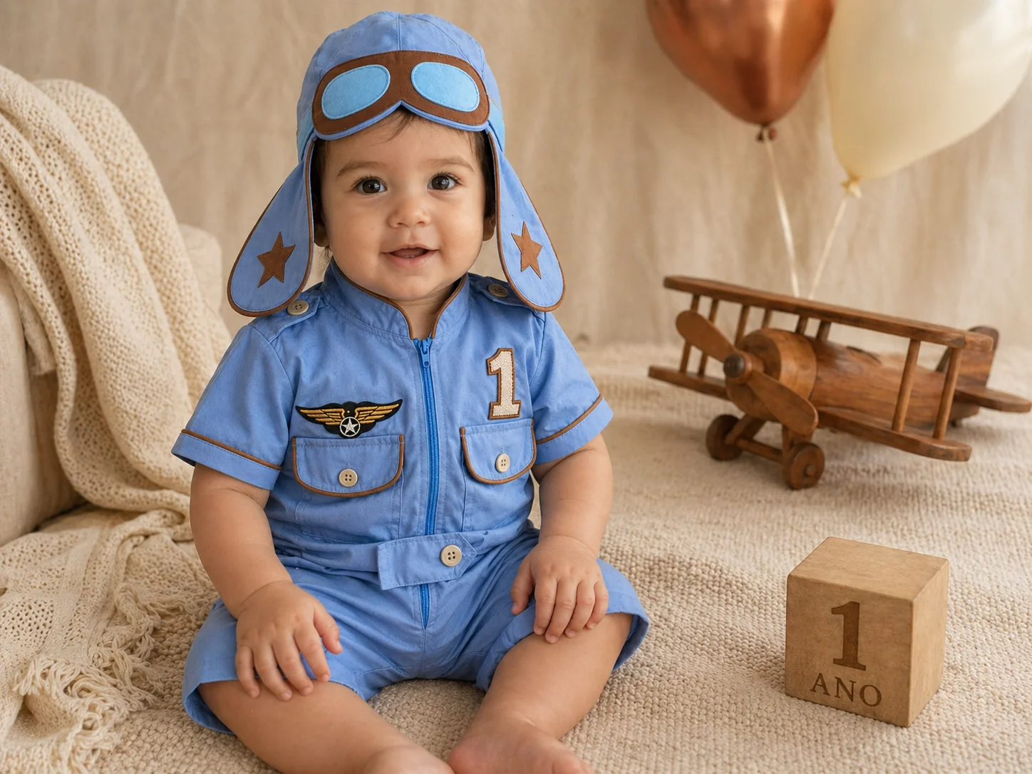 Aniversário 1 ano · bebê com Macacão Aviador azul claro + número 1 bordado · cubo cerimonial 1 ANO · balões cobre · Costuragi