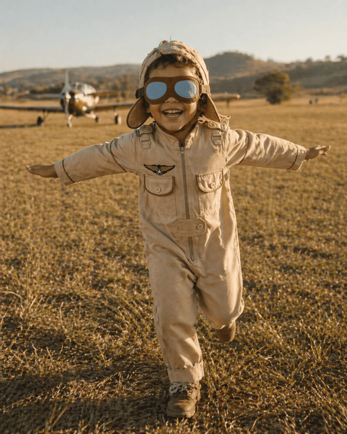 Menino brasileiro correndo em campo aberto com Aviador longo sarja bege, braços abertos imitando avião, touca de aviador com óculos, sorriso enorme, avião vintage ao fundo, luz dourada de fim de tarde