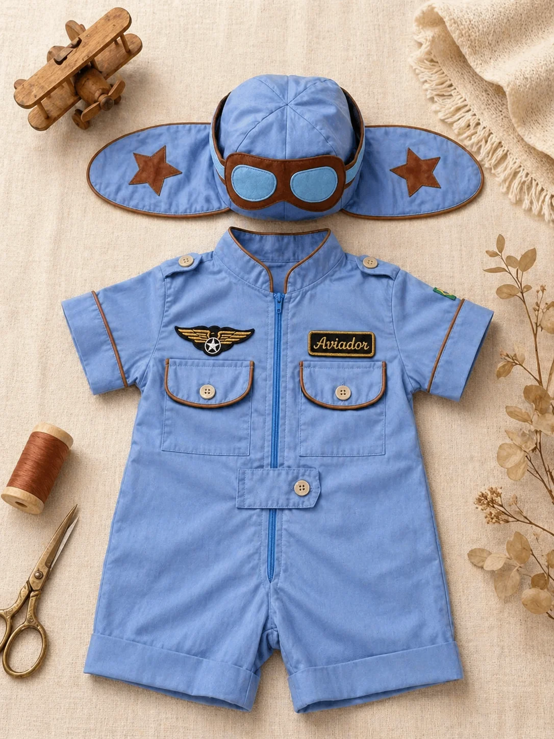 Conjunto Macacão Aviador completo · macacão azul claro com vivo cobre · touca com óculos de feltro · aviãozinho de madeira · flat-lay vertical editorial Costuragi