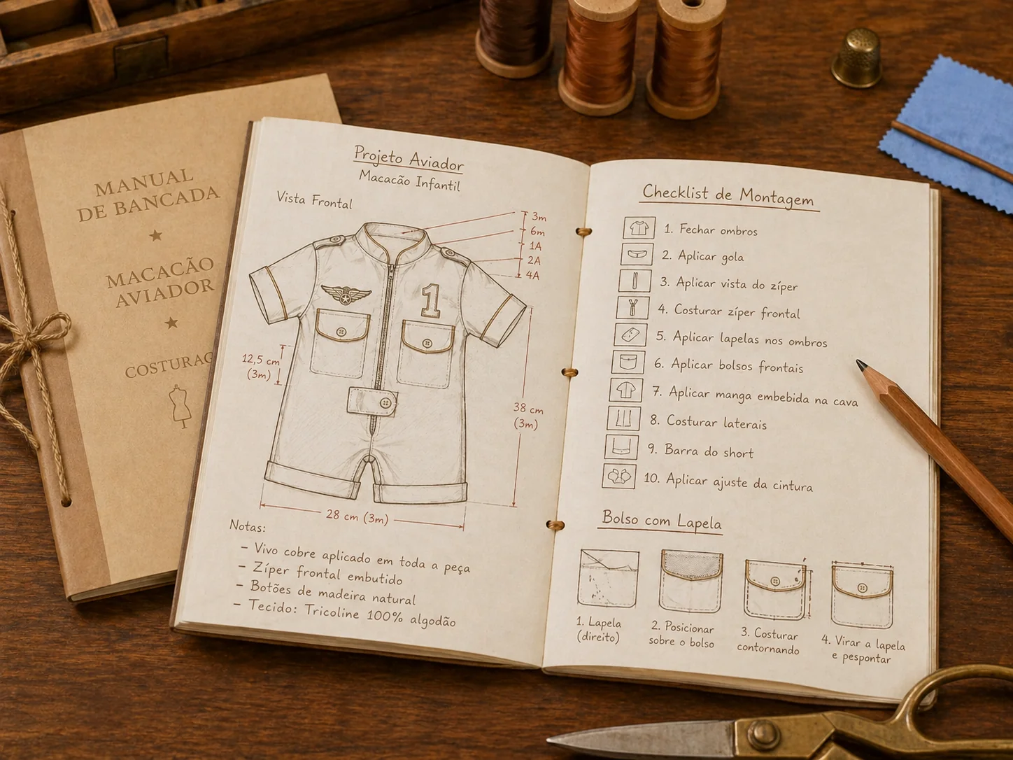Manual de Bancada do Macacão Aviador aberto · diagrama da peça com medidas + Checklist de Montagem em 10 passos · sobre bancada de ateliê