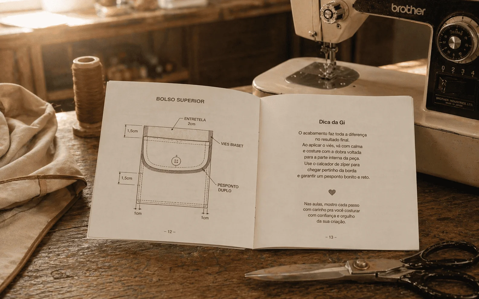 Manual de Bancada do Projeto Macacão Aviador aberto nas páginas 12 e 13 · BOLSO SUPERIOR (diagrama técnico com medidas) e Dica da Gi (texto manuscrito) · sobre bancada com máquina Brother, tesoura vintage e carretel de linha