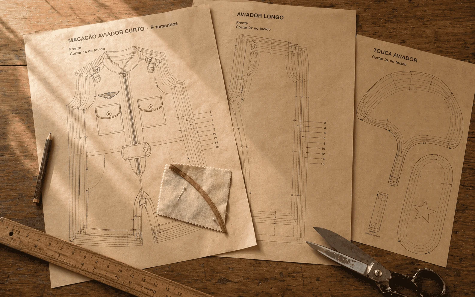 Três moldes do Projeto — Macacão Aviador curto, Aviador longo e Touca Aviador — impressos em papel kraft sobre bancada de madeira com régua, tesoura vintage e retalho de sarja bege