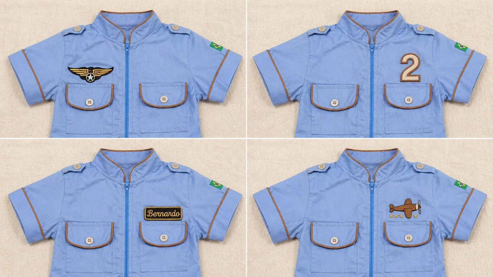 4 quadrantes do Macacão Aviador azul claro com 4 patches diferentes na frente: asas de aviador · número 2 · nome Bernardo · aviãozinho de madeira · catálogo de personalização Costuragi