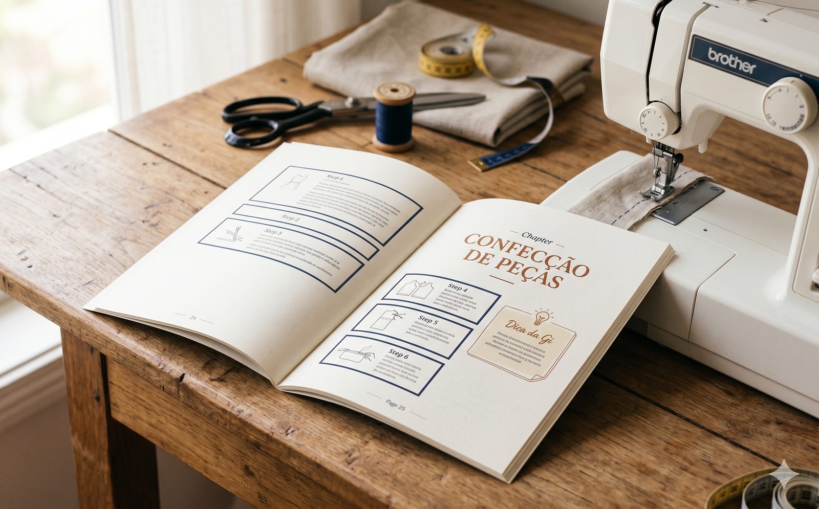 Manual de Bancada do Projeto Macacão Aviador aberto sobre bancada de madeira com máquina de costura Brother, tesoura, carretel de linha cáqui e tecido de sarja bege com viés contrastante