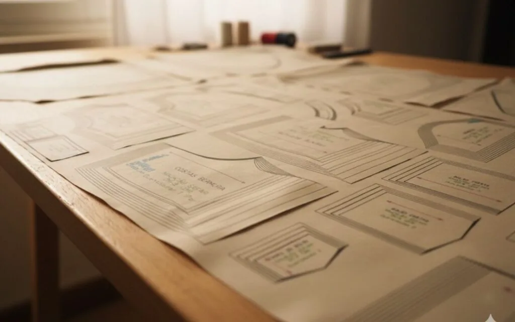 Moldes do Macacão Aviador impressos e distribuídos sobre mesa de madeira clara